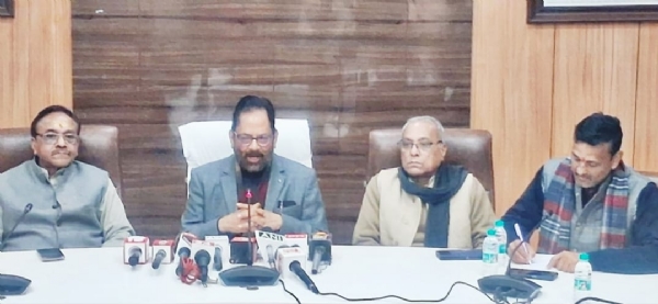 Former Union Cabinet Minister and senior BJP leader Mukhtar Abbas Naqvi holding press conference