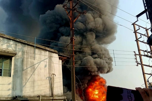 The blaze rising from the factory