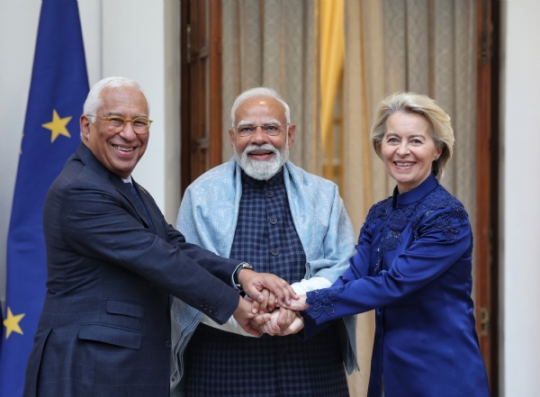 PM Narendra Modi with European Council President Antonio Luis Santos da Costa and European Commission President Ursula von der Leyen at Hyderabad House on January 27,2025