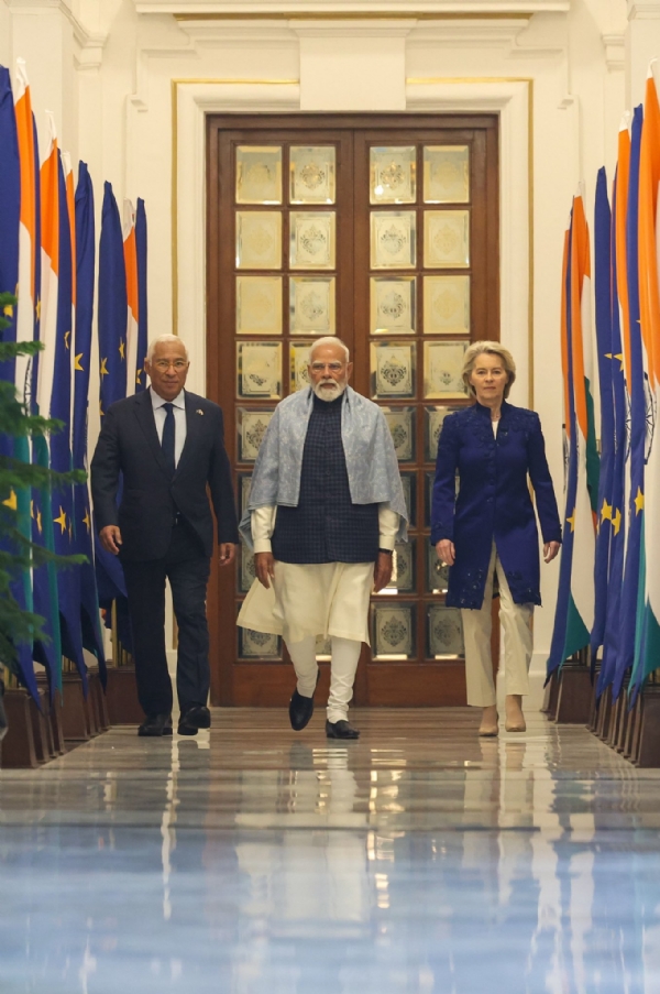 PM Narendra Modi with European Council President Antonio Luis Santos da Costa and European Commission President Ursula von der Leyen at Hyderabad House on January 27,2025