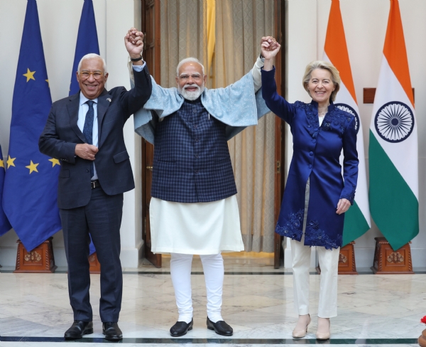 PM Narendra Modi with European Council President Antonio Luis Santos da Costa and European Commission President Ursula von der Leyen at Hyderabad House on January 27,2025