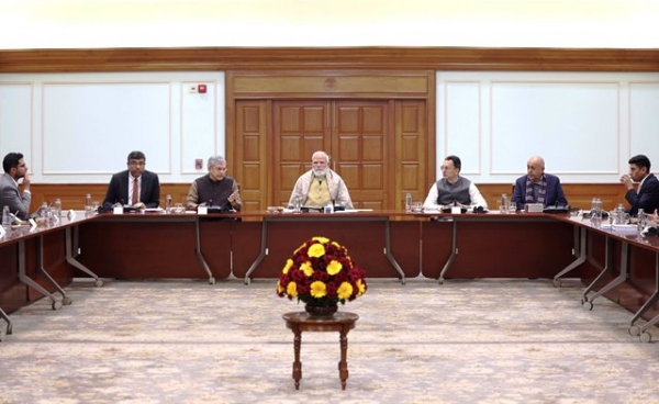 Prime Minister Narendra Modi during a roundtable at his official residence, 7 Lok Kalyan Marg