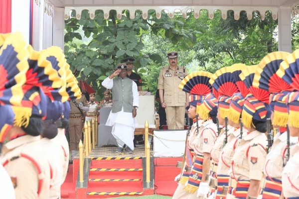 Governor  Laxman Prasad Acharya addressing the 75th Assam Police Day celebrations.