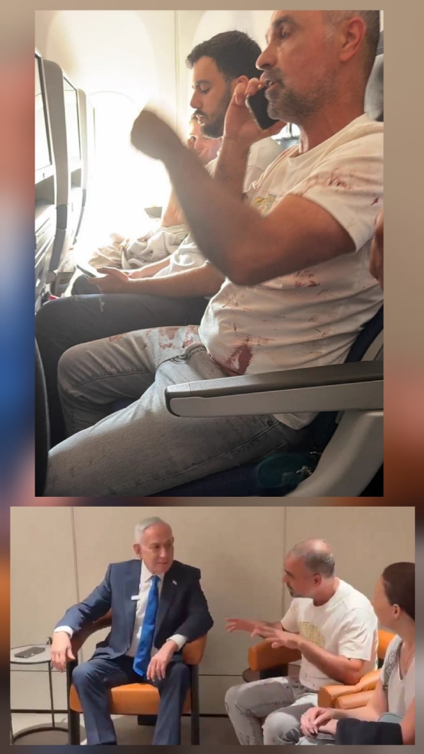 Israeli Prime Minister Benjamin Netanyahu met passenger Yaniv Hayoun in Tel Aviv after Hayoun helped restrain an alleged attacker during the mid-air emergency aboard a flydubai flight.
