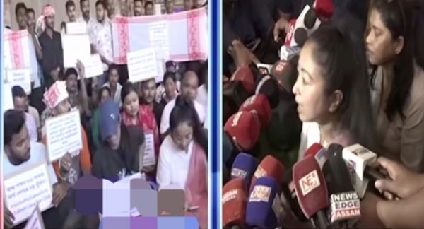 Zubeen Garg Fans Stage Protest At Sonapur(Left), Garima Saikia Garg Joining the Demonstration talking to media persons (Right).