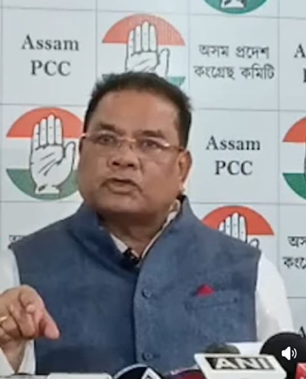Congress leader Ripun Bora addressing a press conference in Rajiv Bhawan.