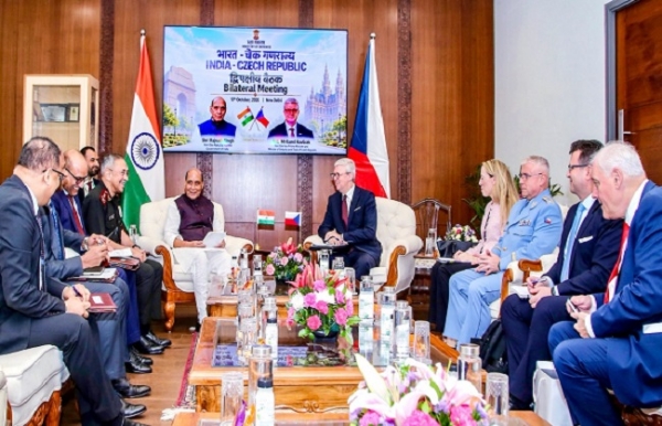 Defence Minister Rajnath Singh holds bilateral talks with Czech Republic First Deputy Prime Minister and Minister of Industry and Trade Karel Havlíček.