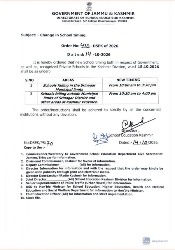 J&K School Education Department Revises School Timings In Kashmir Division From Oct 15 J&K School Education Department Revises School Timings In Kashmir Division From Oct 15