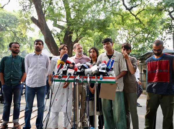 Leader of the Opposition in the Lok Sabha, Rahul Gandhi, raises concerns over the alleged assault of protesters in police custody during a press conference in New Delhi on Wednesday.