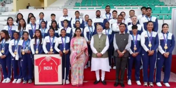 Prime Minister Narendra Modi with the Indian contingent participating in the 2026 Asian Games.