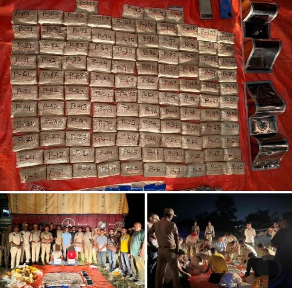 असम में ट्रक के गुप्त चैंबर से जब्त 57.5 करोड़ रुपये की याबा टैबलेट जब्त तथा दो गिरफ्तार आरोपितों की तस्वीर।