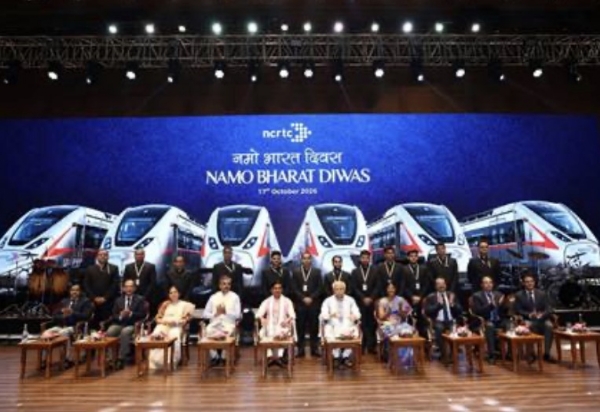 Union Minister for Housing and Urban Affairs and Power Manohar Lal, Minister of State Tokhan Sahu, and senior officials of the National Capital Region Transport Corporation (NCRTC) during the observance of Namo Bharat Diwas 2026 in New Delhi on Sunday.