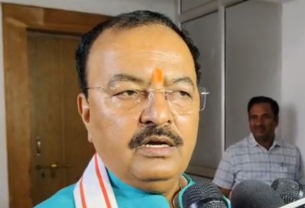 Keshav Prasad Maurya speaking to reporters in Lucknow before leaving for Fatehpur