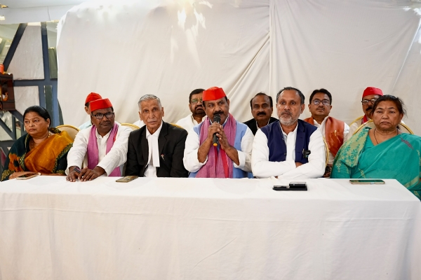 Samajwadi Party state president Shyam Lal Pal holding presser on Wednesday