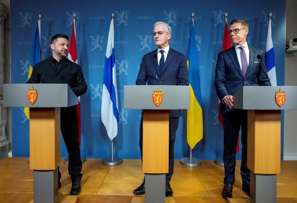 Ukrainian President Volodymyr Zelenskyy, Norwegian Prime Minister Jonas Gahr Støre and Finnish President Alexander Stubb attend a press conference in Oslo, Norway.