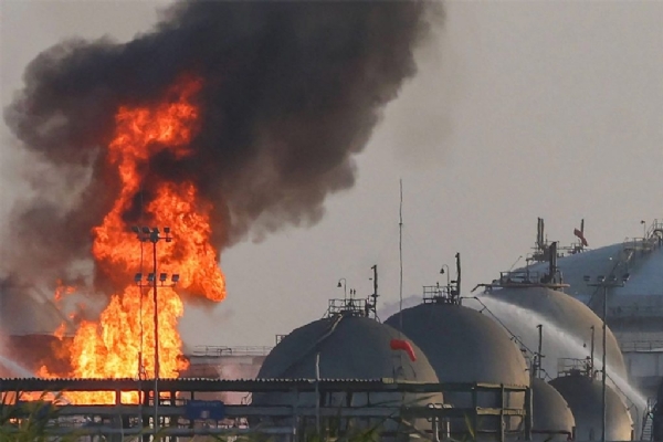 A fire breaks out at a refinery in Saudi Arabia after debris from a drone falls onto the facility.