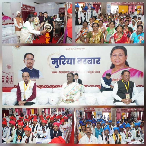 President Droupadi Murmu attends the Muria Darbar ceremony of Bastar Dussehra, accompanied by the Governor and the Chief Minister, who are seated on the dais.
