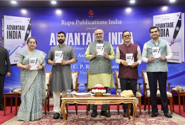 Vice-President C. P. Radhakrishnan releases Anil K. Antony’s book, Advantage India: Reshaping the Future for an Equitable World, on Friday.