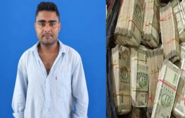 Image of the Arrested Alleged Fake Currency Racket Operator Abdul Gafur and Seized Currencies.