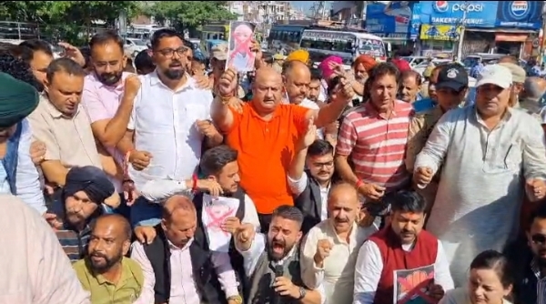 BJP staged protest at Dogra Chowk here, alleging indecent  by Congress president