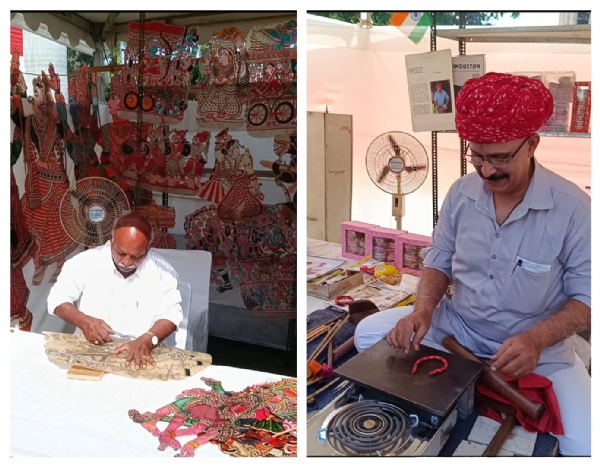 A display of Andhra Pradesh’s traditional leather puppetry art alongside a shop selling Rajasthan’s colourful lac bangles.