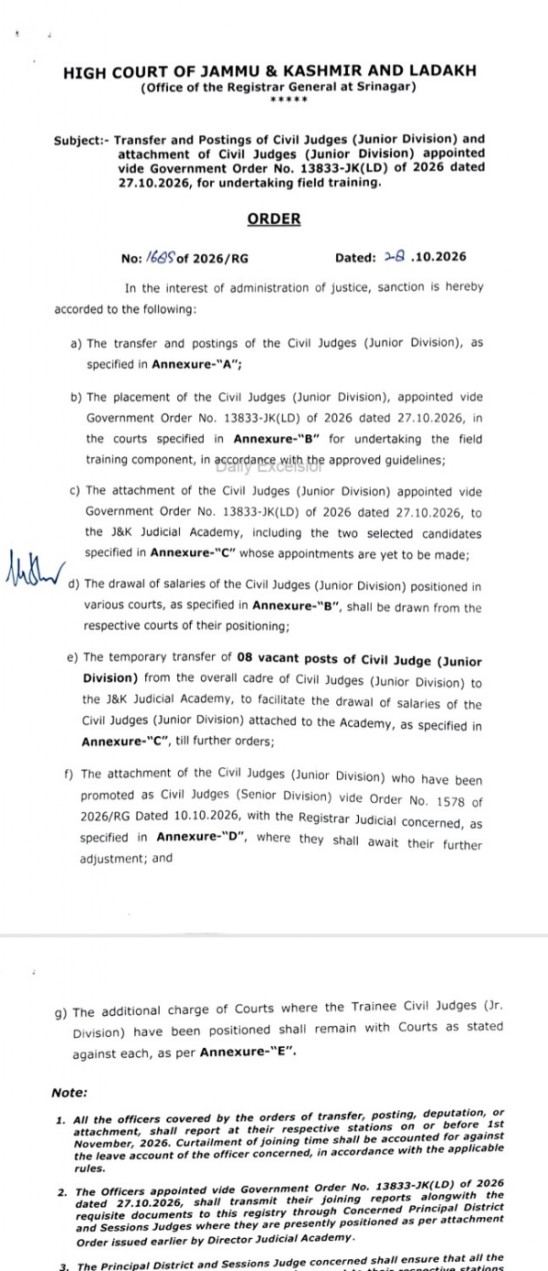 J&K High Court Transfers 78 Civil Judges, Assigns 29 New Judges Field Training J&K High Court Transfers 78 Civil Judges, Assigns 29 New Judges Field Training