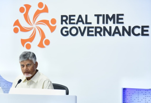 Andhra CM Naidu is addressing the media at the Real Time Governance Society (RTGS) Centre at the State Secretariat