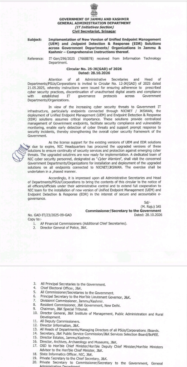 J&K Govt Issues Directive To Upgrade Cyber Security Across Departments