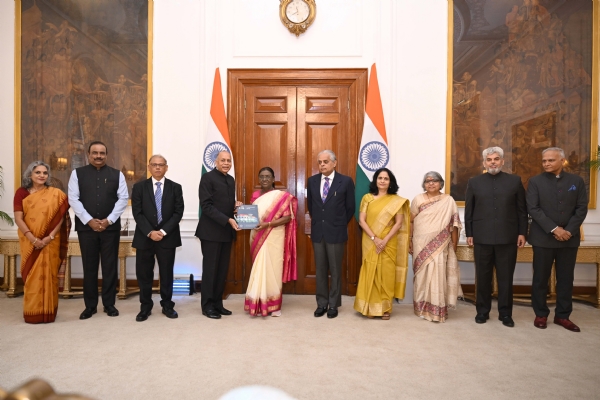 UPSC Chairman Dr Ajay Kumar, accompanied by members of the Commission, presents the 76th Annual Report of the Union Public Service Commission to President Droupadi Murmu on Thursday.