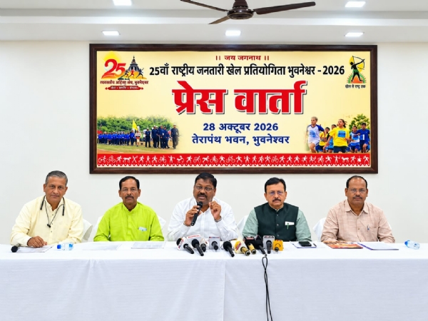 Vanavasi Kalyan Ashram office-bearers brief the media about the upcoming National Vanavasi Sports Competition to be held in Bhubaneswa