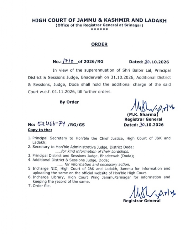 J&K High Court Assigns Addl Charge Following Superannuation Of Sessions Judge Bhaderwah