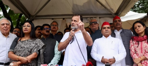Congress MP and Leader of the Opposition in the Lok Sabha, Rahul Gandhi, addresses a press conference.