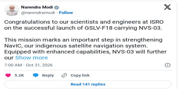 PM Modi Hails ISRO After Midnight Launch of NVS-03, Says Mission Strengthens NavIC