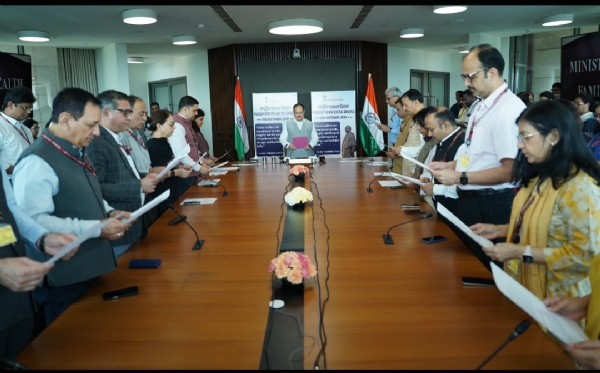 Union Health Minister J.P. Nadda administers the National Unity Day pledge at the Ministry of Health and Family Welfare.