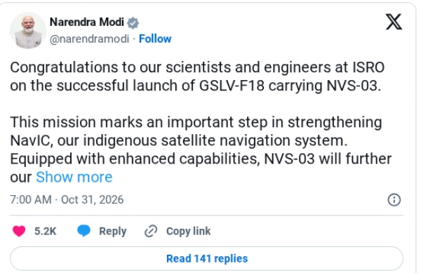 PM Modi Hails ISRO After Midnight Launch of NVS-03