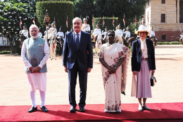 Swiss President Guy Parmelin with President Droupadi Murmu and Prime Minister Narendra Modi.
