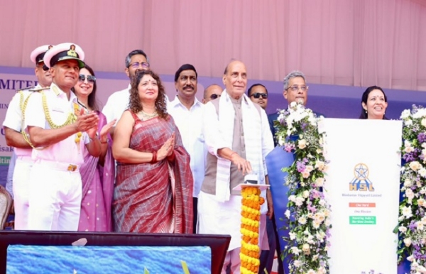 Defence Minister Rajnath Singh launches the Fleet Support Ship ‘Surya’ in Visakhapatnam.