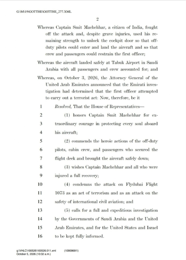 US House Passes Resolution Honouring Indian Pilot Smit Machchhar Over Flydubai Attack