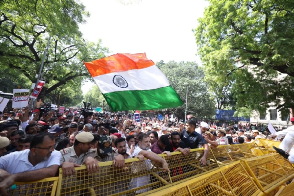 INDI Alliance leaders and Members of Parliament march towards the Election Commission headquarters in New Delhi, demanding the resignation of the Chief Election Commissioner.
