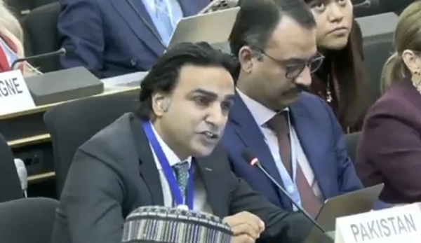 Photo Caption: Pakistan’s First Secretary, Adil Mumtaz Khokhar, represents Islamabad at the 63rd session of the United Nations Human Rights Council in Geneva. Screen grab: The News / PakUN.