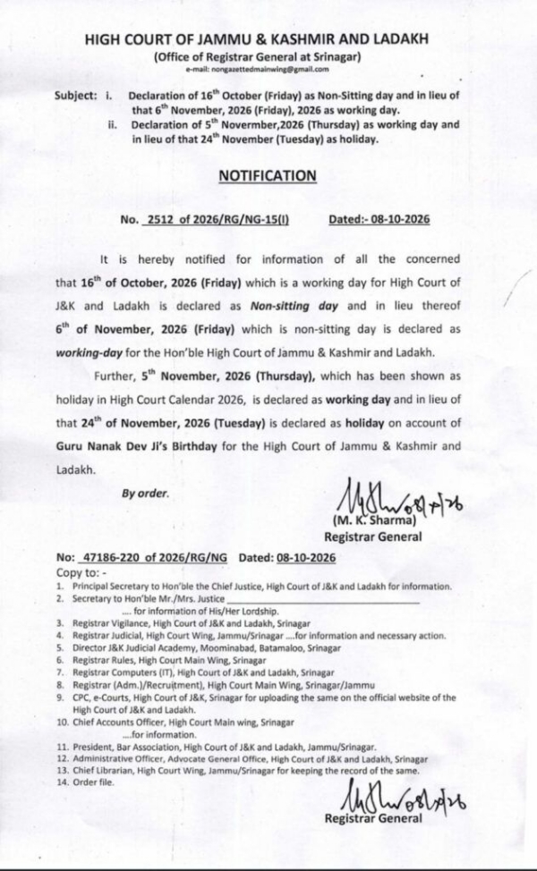 J&K And Ladakh HC Announces Changes In Working Days And Holidays