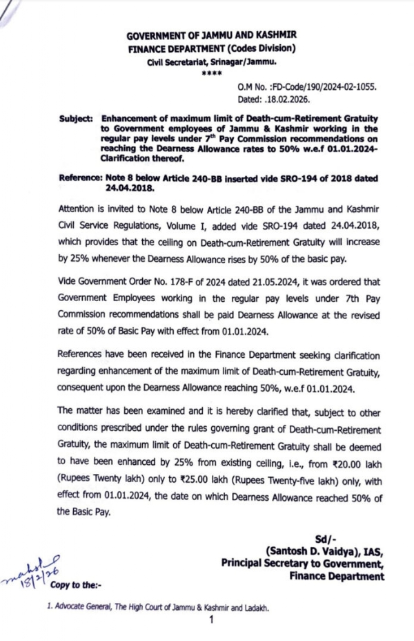Death-Cum-Retirement Gratuity Ceiling For J&K Govt Employees Raised To ₹25 Lakh