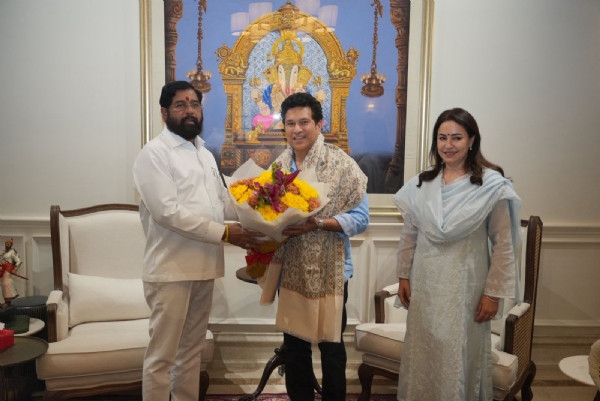 Sachin and Anjali Tendulkart with DCM Eknath Shinde Sachin and Anjali Tendulkart with DCM Eknath Shinde
