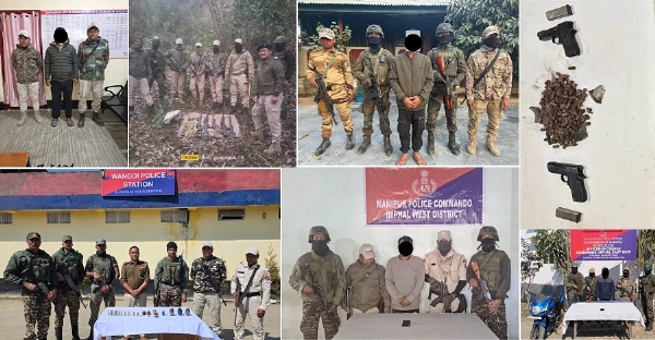 मणिपुर में अलग-अलग अभियानों में गिरफ्तार किए गए उग्रवादियों की तस्वीरें। मणिपुर में अलग-अलग अभियानों में गिरफ्तार किए गए उग्रवादियों की तस्वीरें।