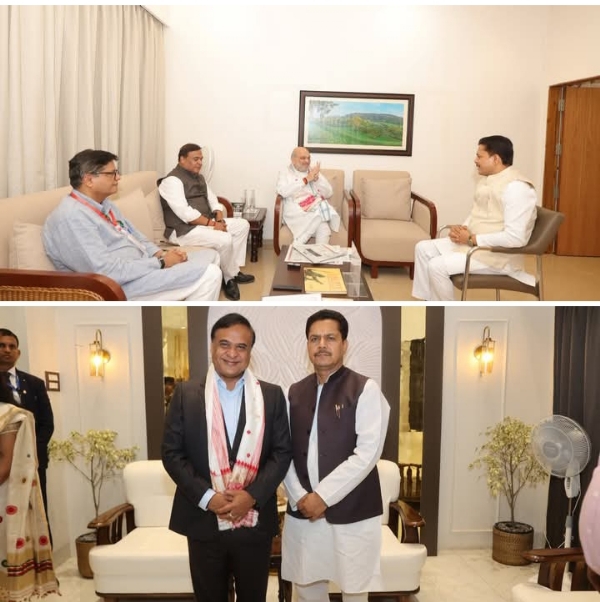 Bhupen Bora with Union Home Minister Amit Shah in Guwahati.