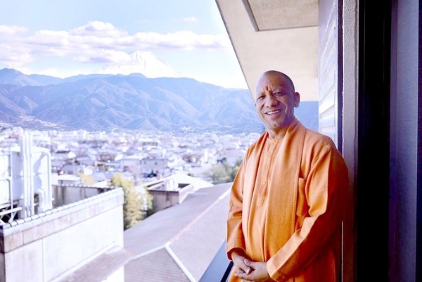 Uttar Pradesh Chief Minister Yogi Adityanath with the majestic Mount Fuji in the backdrop