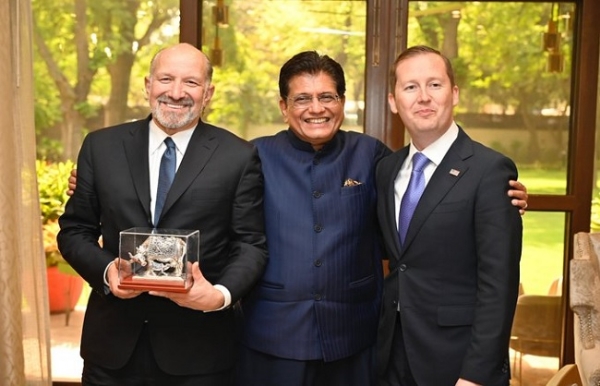 Piyush Goyal with  Howard Lutnick and Sergio Gor.