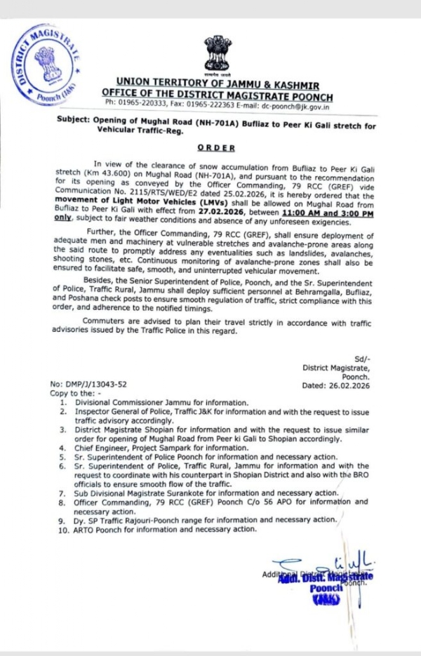 Mughal Road Opens For LMVs Between Bufliaz and Peer Ki Gali From Feb 27