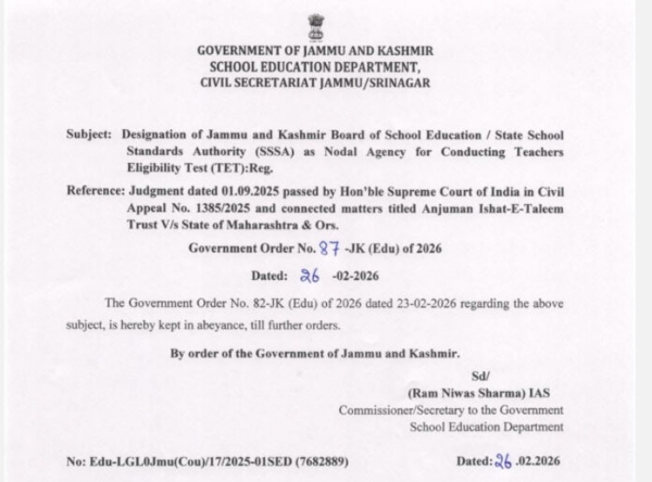 J&K Govt Keeps Order On JKBOSE/SSSA As TET Nodal Agency In Abeyance