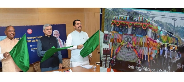 Photo Caption: Railway Minister Ashwini Vaishnaw flagging off the Sairang–Silchar new train service along with others.